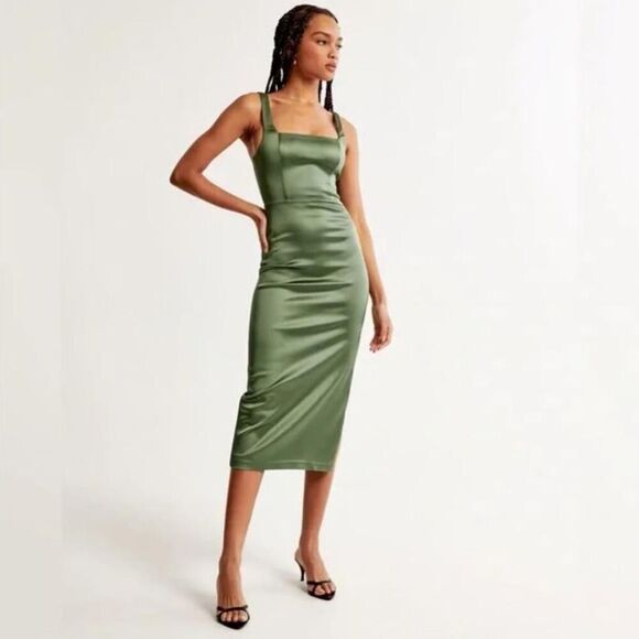 Abercrombie & Fitch Dresses & Skirts - Abercrombie & Fitch Satin Sculpting Midi Dress XL Green NWT Slip Dress Square Ne